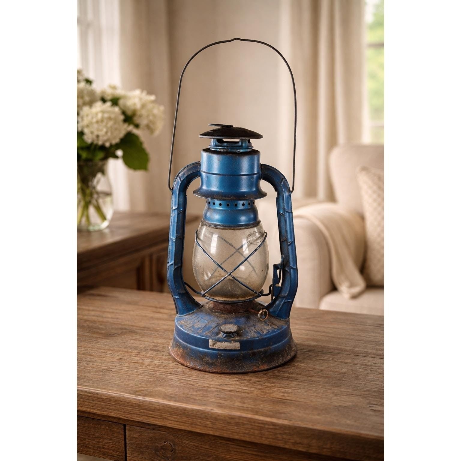 Vintage Dietz Air Pilot Lantern Blue Kerosene Oil Lamp 13.5" Tall