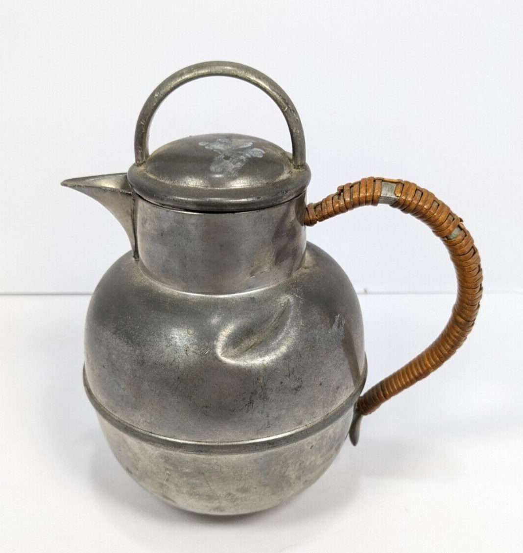 Vintage Rogers Solid Pewter Coffee Pot – Mid-Century Rattan-Handled #1172