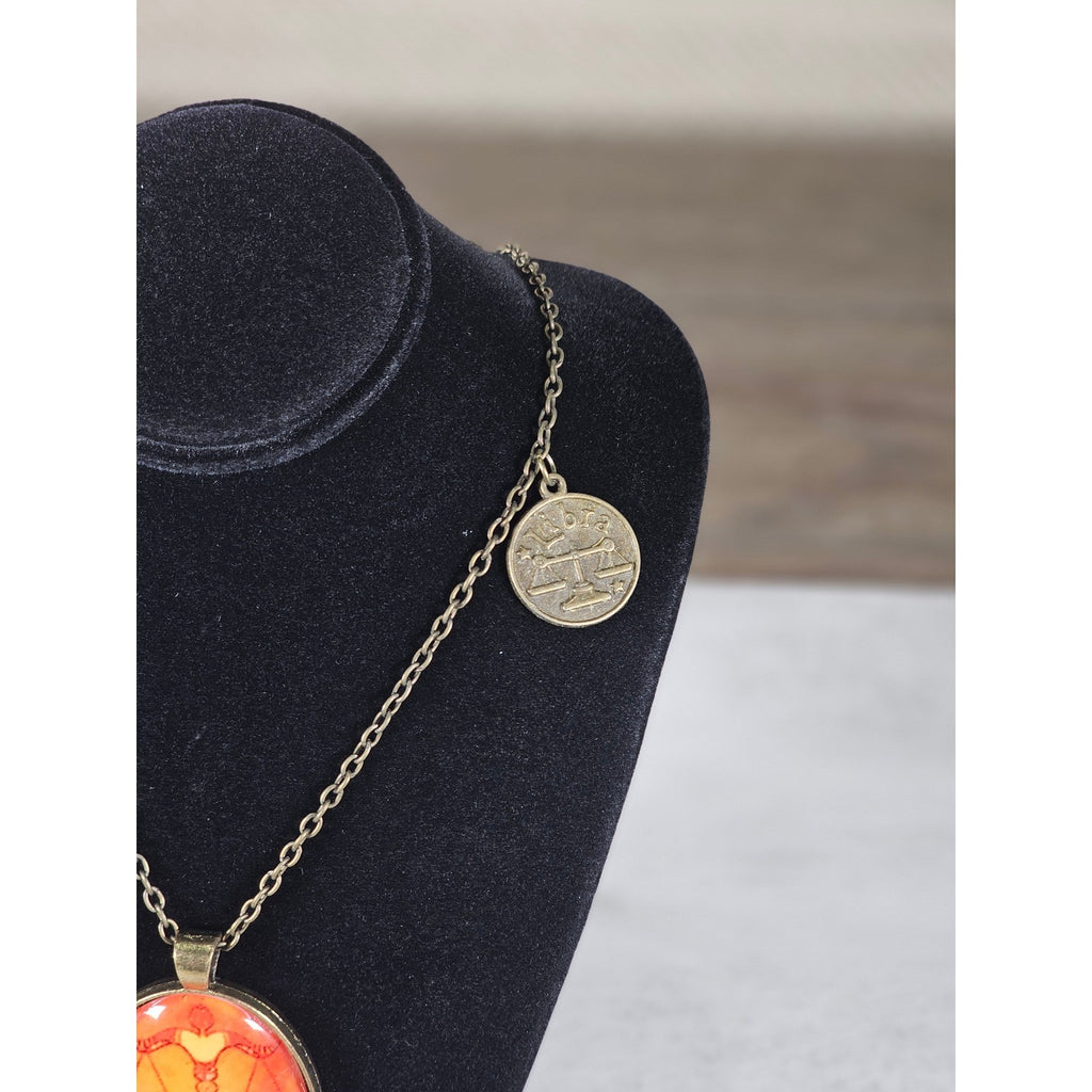 Vintage Libra Zodiac Pendant Necklace Orange Cabochon Charmine