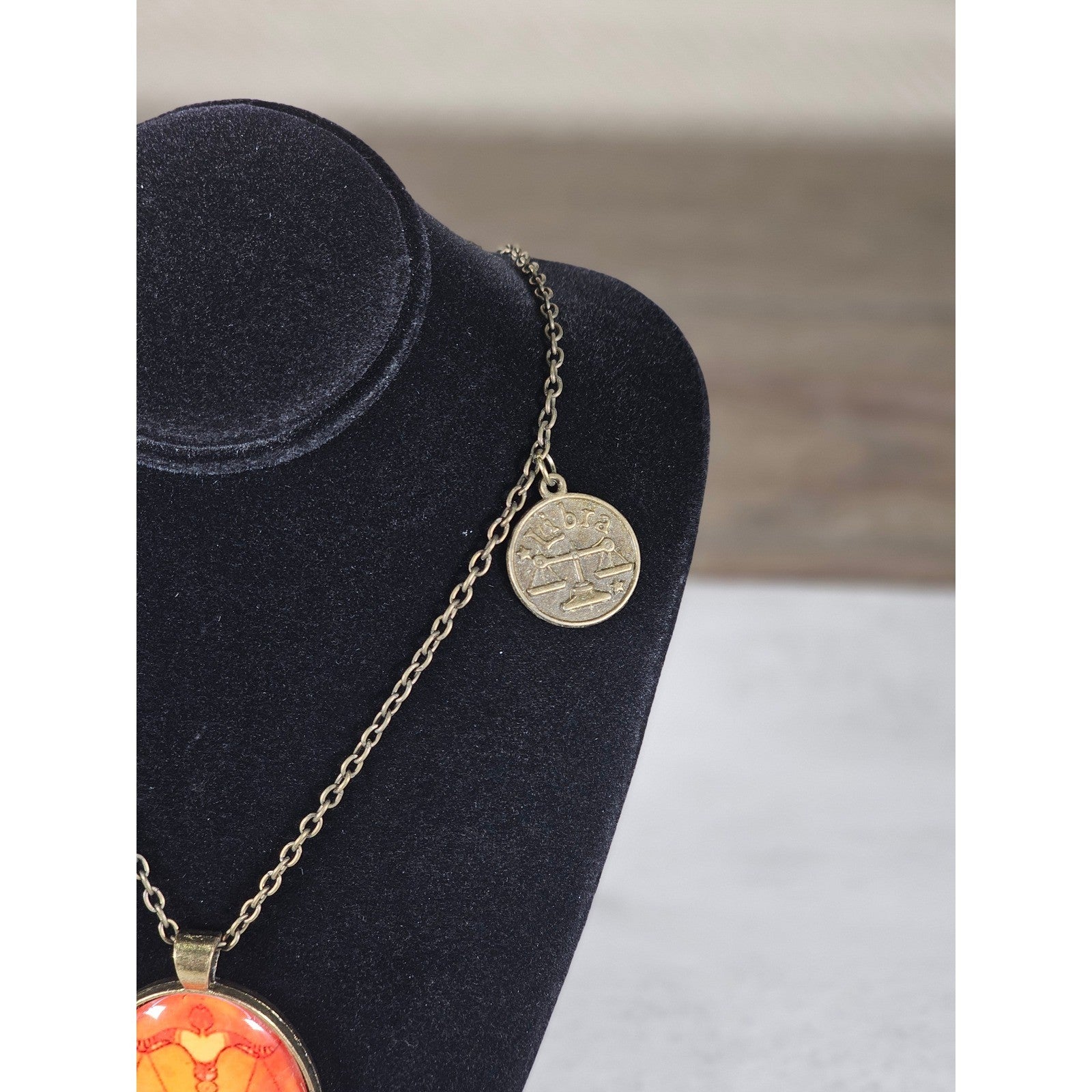 Vintage Libra Zodiac Pendant Necklace Orange Cabochon Charmine