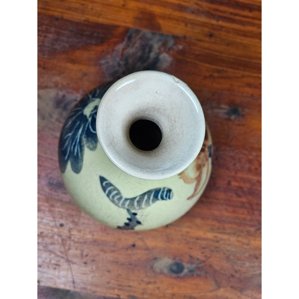 Vintage Pottery 5 Inch Bud Vase Hand Painted Lotus Flower Crackle Glaze