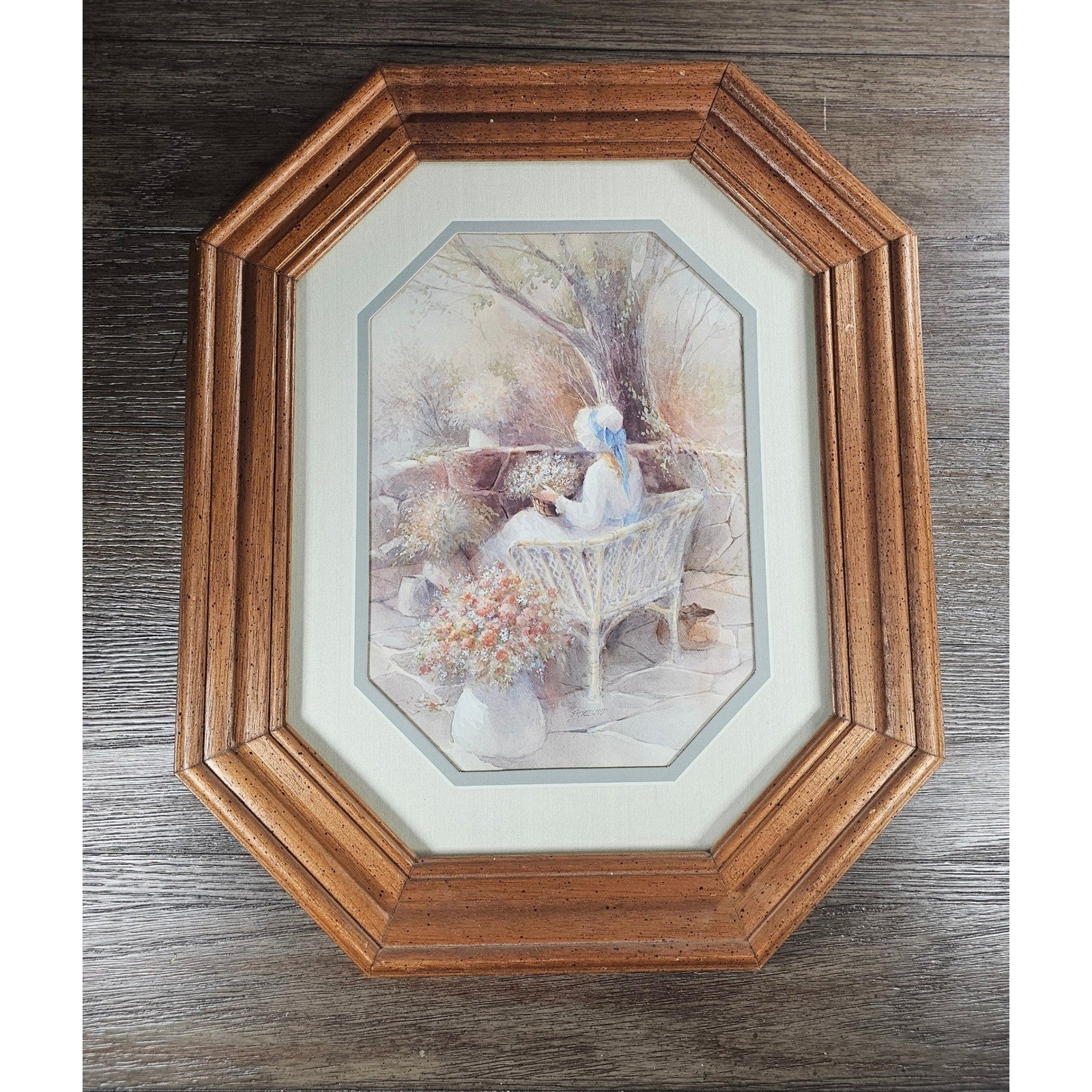 Vintage Framed Pastoral Art Print Octagon Wood Frame Cottage Garden Scene
