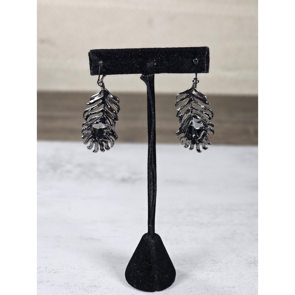 Vintage Feather Dangle Earrings White Cabochon Boho Drop