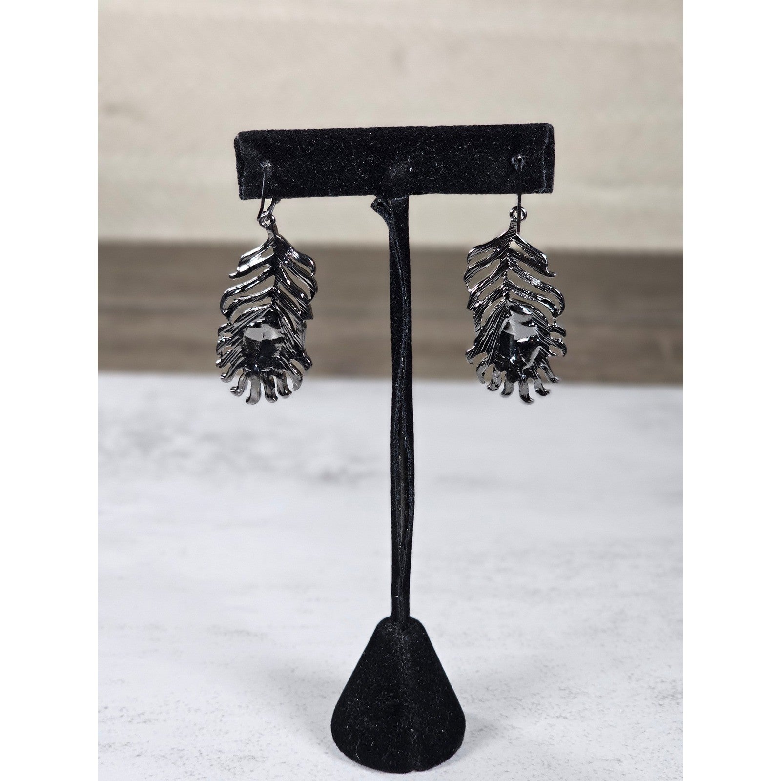 Vintage Feather Dangle Earrings White Cabochon Boho Drop