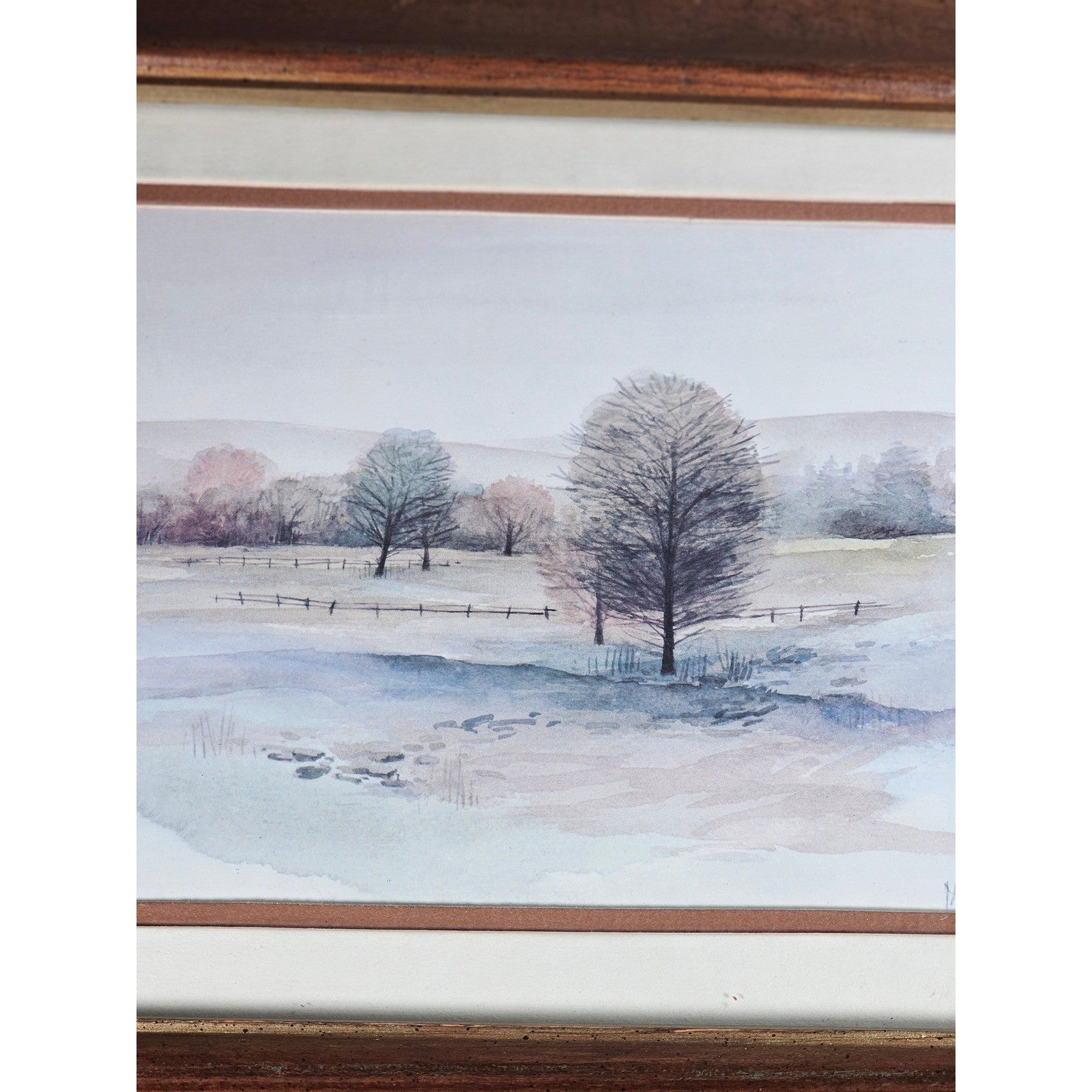 Vintage Framed Winter Landscape Print Signed, Rustic Wood Frame 14x13