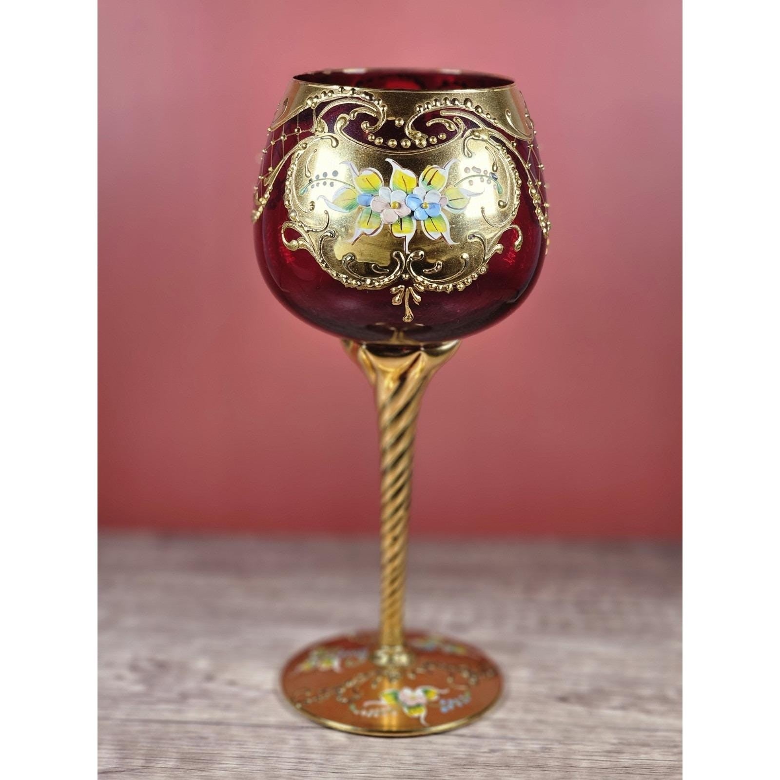 Vintage Gold Enameled Wine Glass Twisted Stem 8.75" Hand Painted