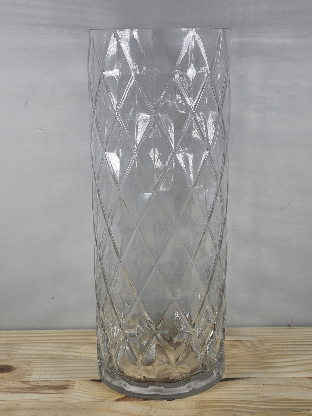 12" Glass Diamond-Cut Cylinder Vase – Vintage Clear Textured Centerpiece