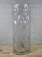 12" Glass Diamond-Cut Cylinder Vase – Vintage Clear Textured Centerpiece