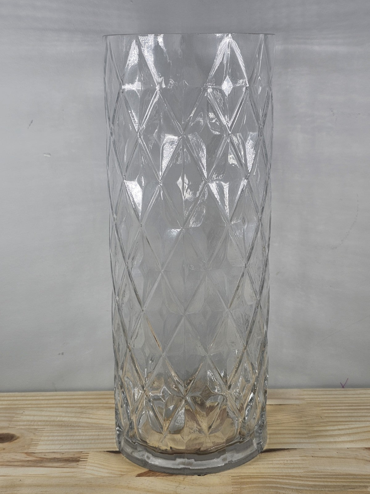 12" Glass Diamond-Cut Cylinder Vase – Vintage Clear Textured Centerpiece