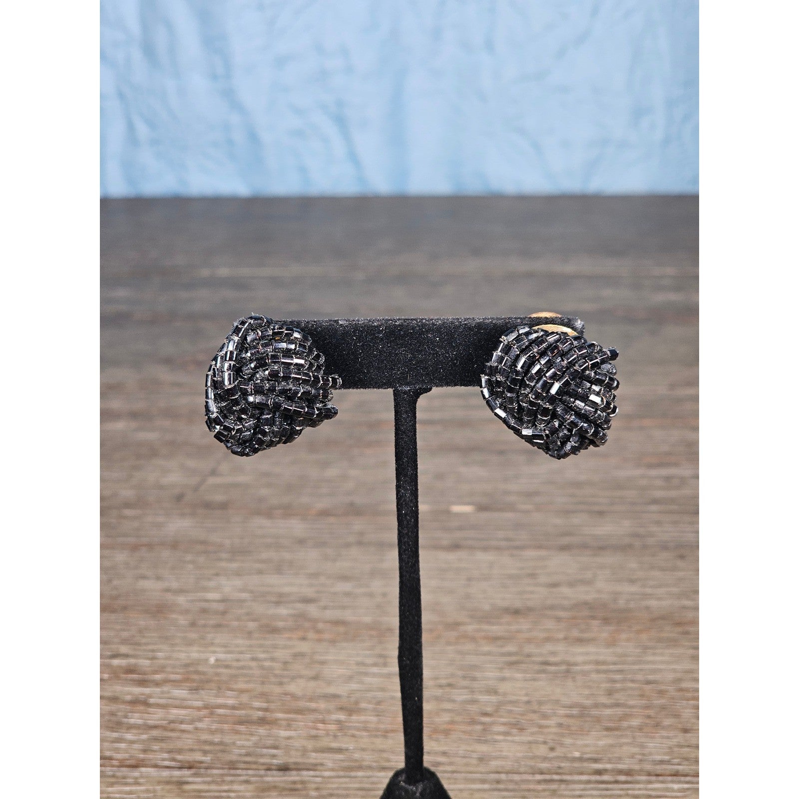 Vintage Black Beaded Knot Stud Earrings Gold Tone Post Statement