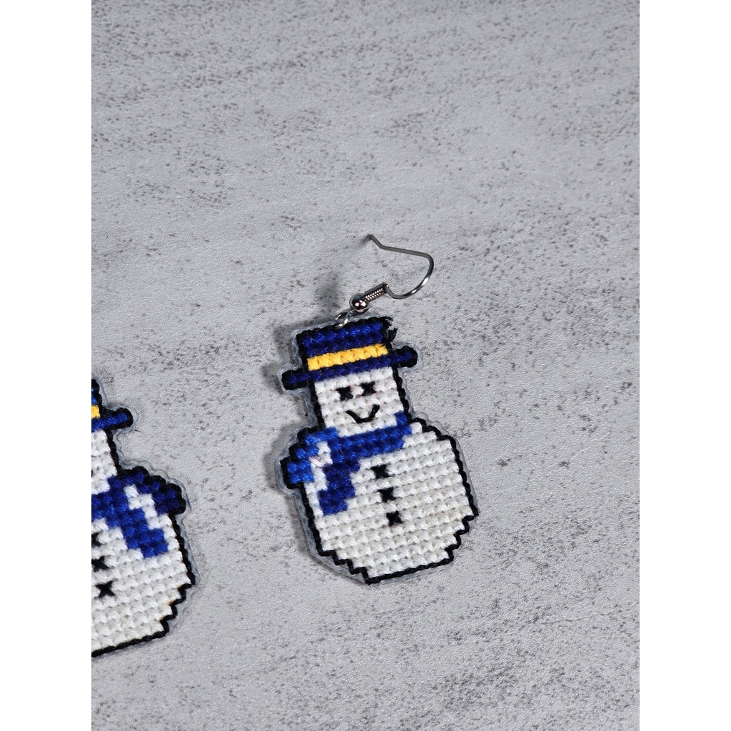 Vintage Handmade Snowman Earrings Blue Scarf Winter Holiday Dangle