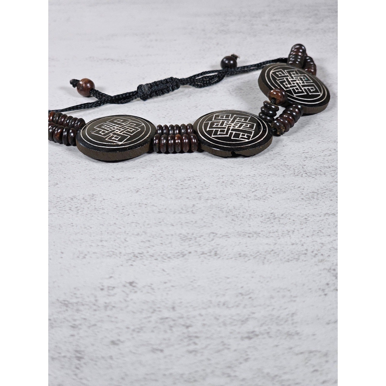 Vintage Carved Wood Symbol Bracelet Adjustable Cord Beaded