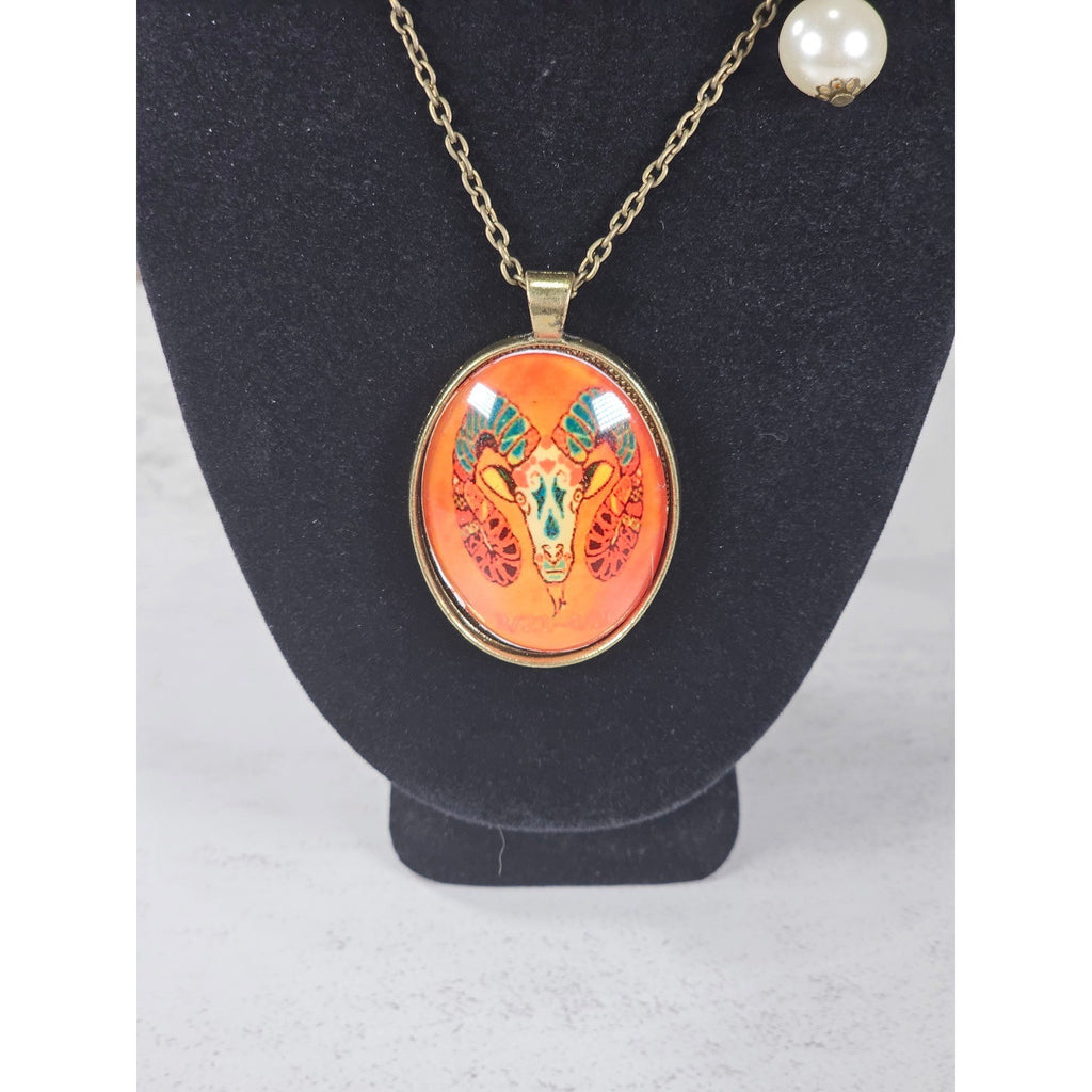 Vintage Aries Ram Pendant Necklace Zodiac Medallion Oval Charm
