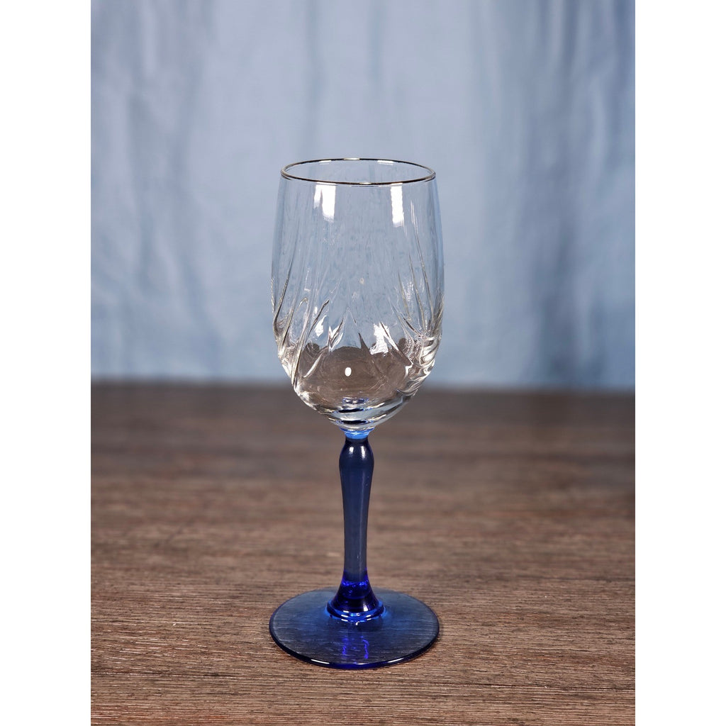 Vintage Blue Stem Wine Glass Clear Etched Bowl 8 Inch Goblet