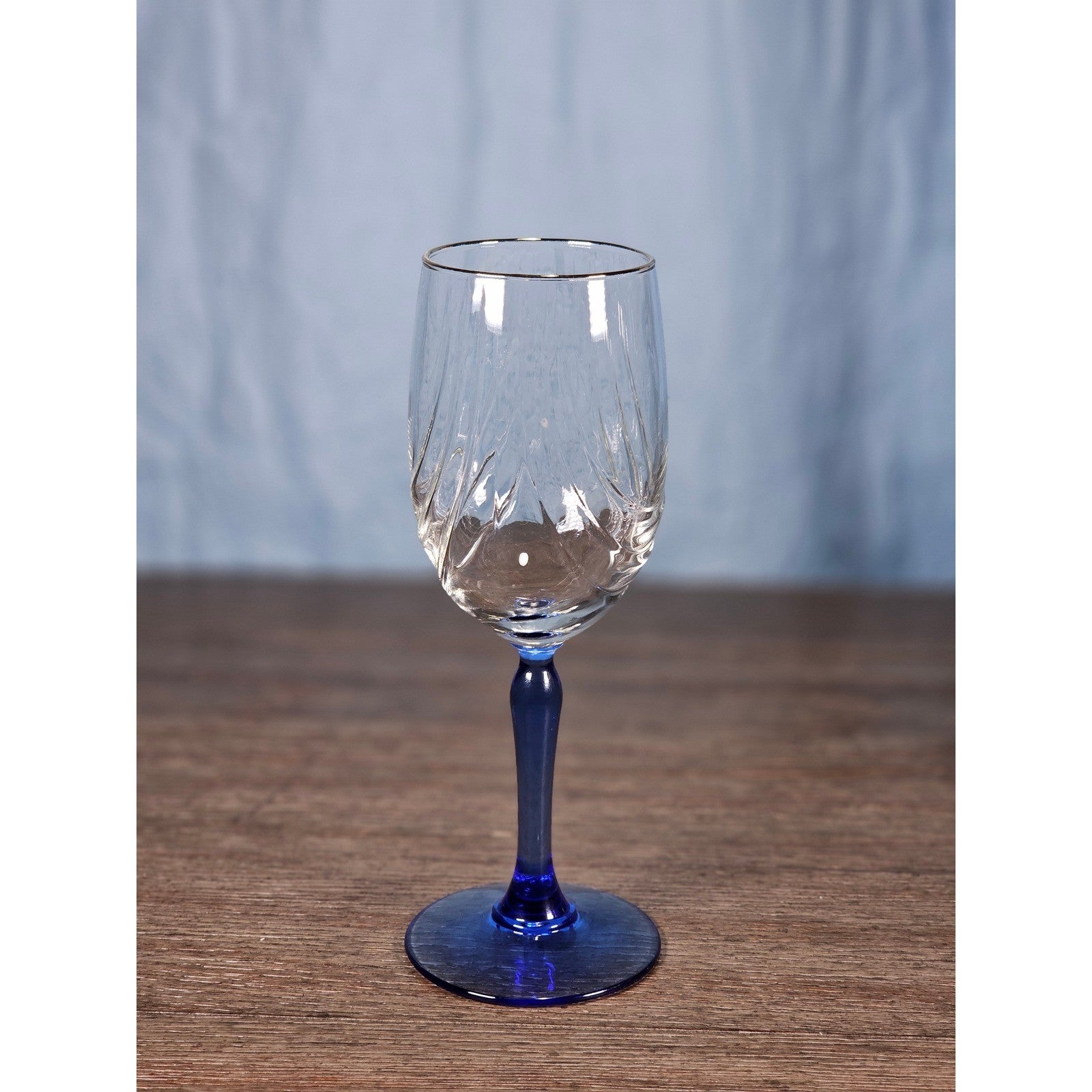 Vintage Blue Stem Wine Glass Clear Etched Bowl 8 Inch Goblet