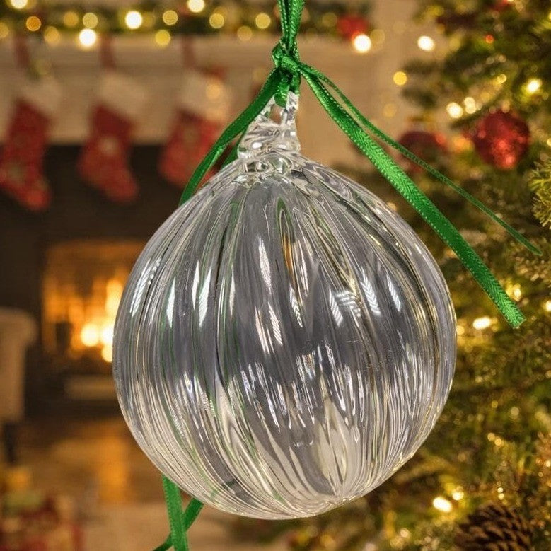 Vintage Clear Ribbed Glass Christmas Ornament Hand Blown Holiday Decor