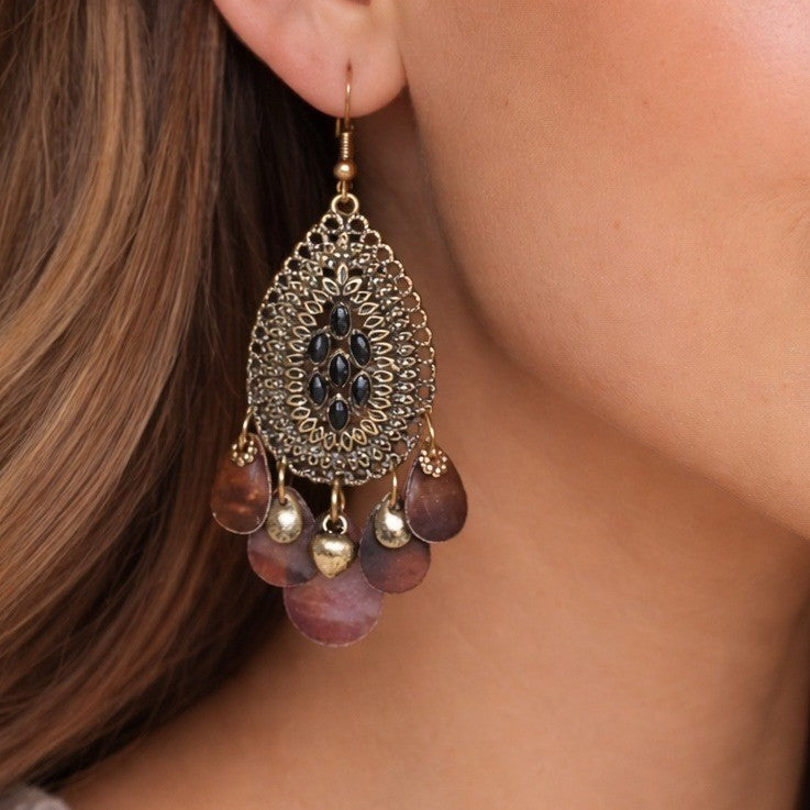 Boho Antique Gold Filigree Teardrop Chandelier Earrings Plum Shell Dangle Charms