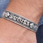 Vintage Silver Tone Cuff Bracelet Script Panel Leaf Accents