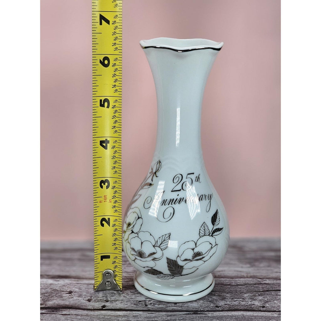Vintage 25th Anniversary Porcelain Bud Vase with Silver Trim Floral Design