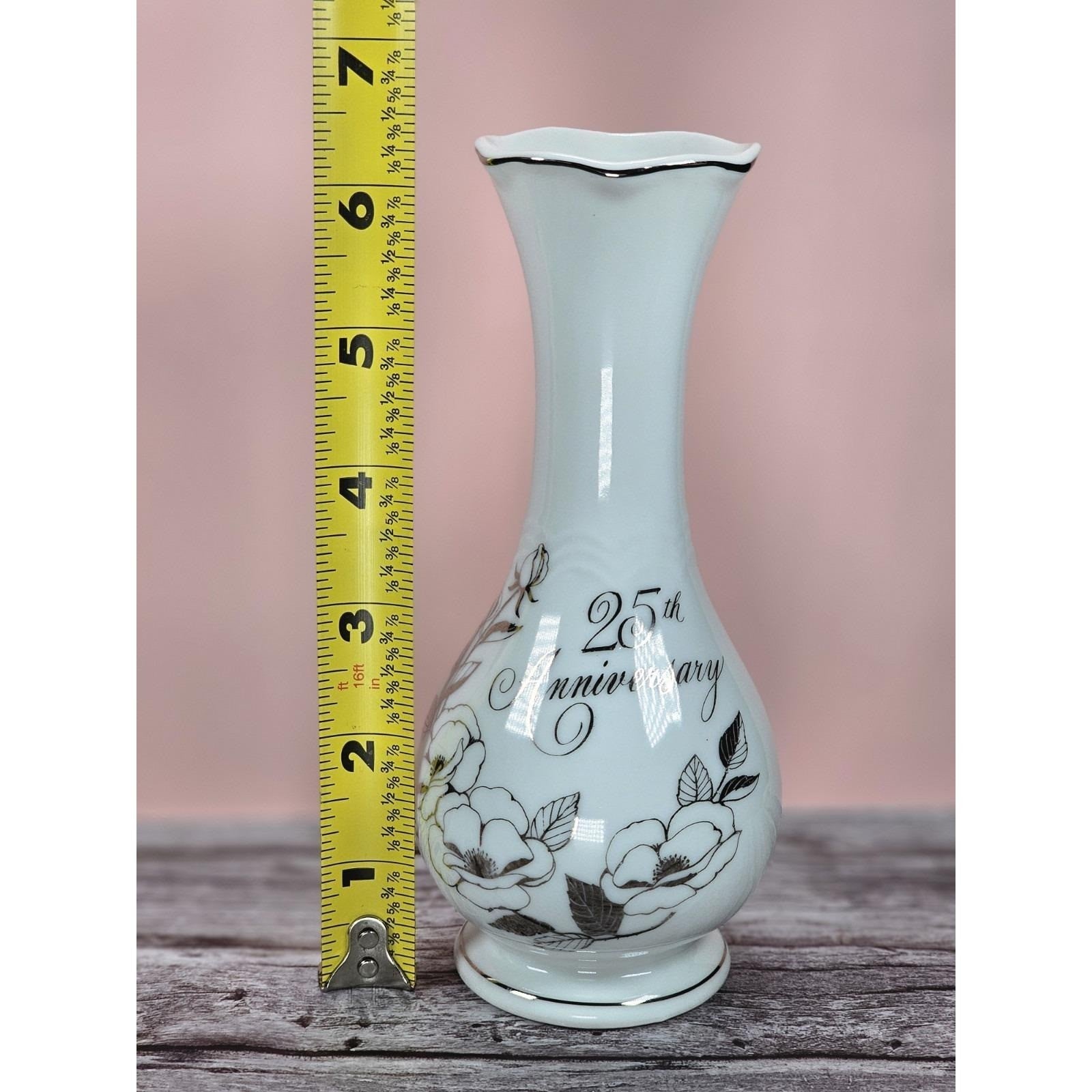 Vintage 25th Anniversary Porcelain Bud Vase with Silver Trim Floral Design