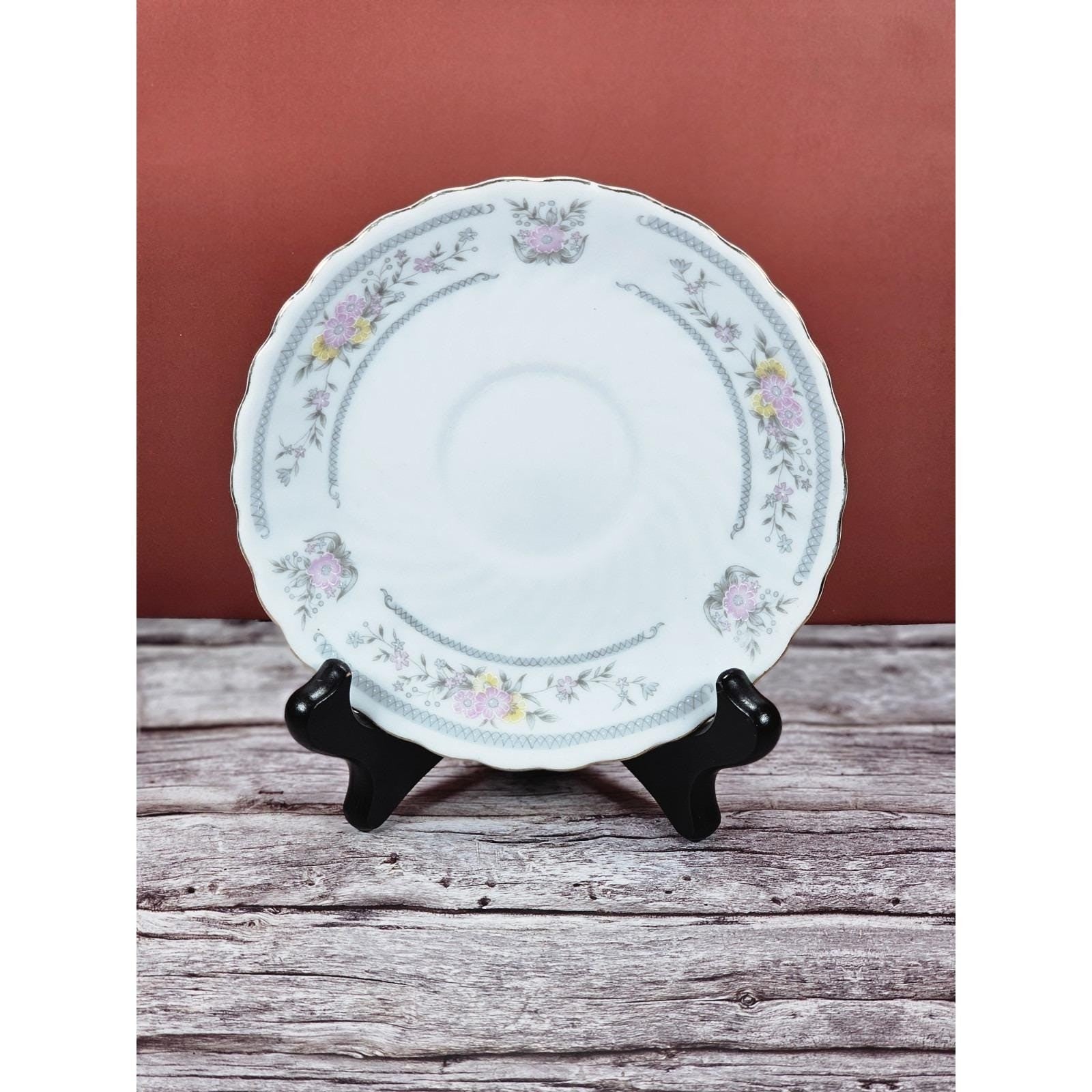 Vintage Floral Decorative Plate Pink Yellow Flowers Gold Rim