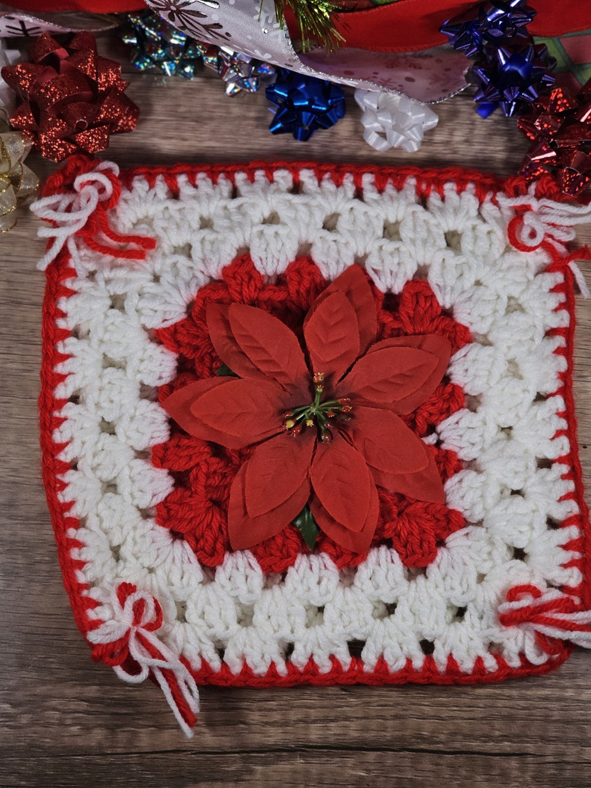 Set Of 3 Handmade Vintage 80s Poinsettia Crochet Ornaments White & Red