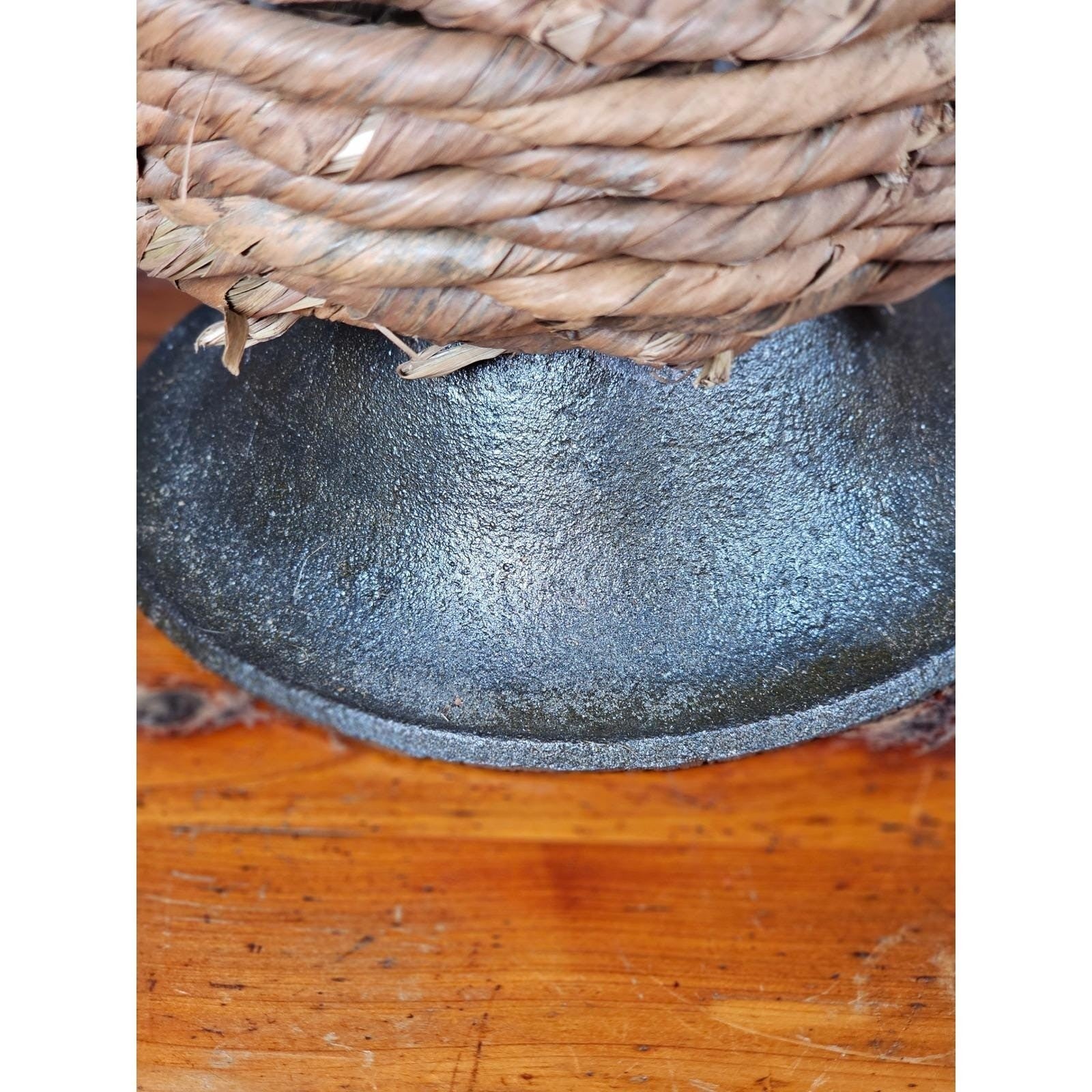 Vintage Woven Basket Metal Pedestal Farmhouse Centerpiece Decor
