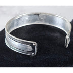 Vintage Silver Tone Cuff Bracelet Script Panel Leaf Accents