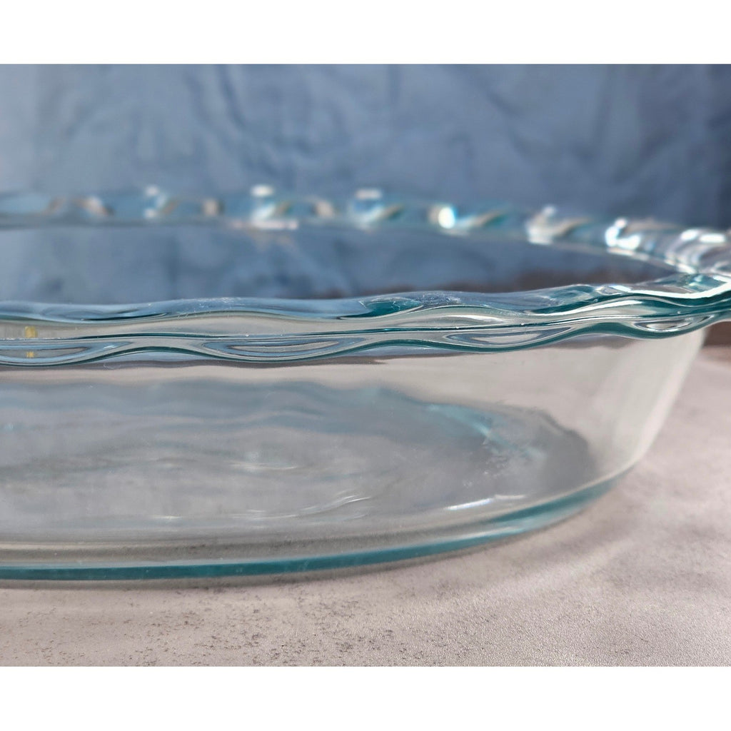 Vintage Pyrex Clear Glass Pie Dish with Blue Dot Rim 11 Inch