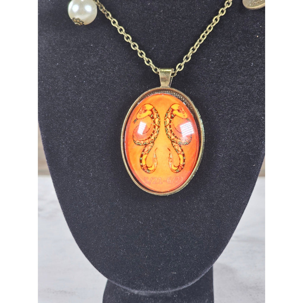 Vintage Gemini Snake Pendant Necklace Orange Zodiac Charm