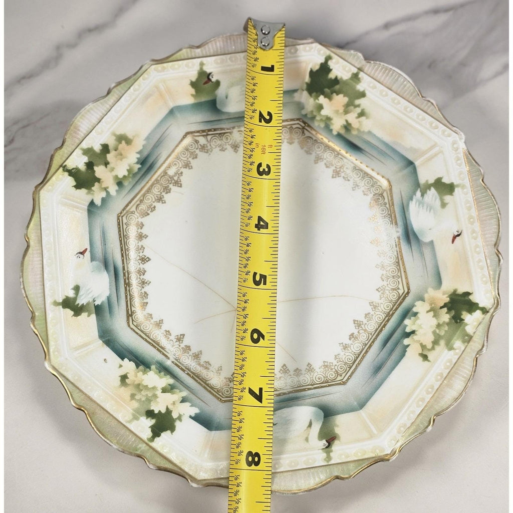 Vintage RS Prussia Octagonal Plate Hand Painted Swans Floral Germany READ