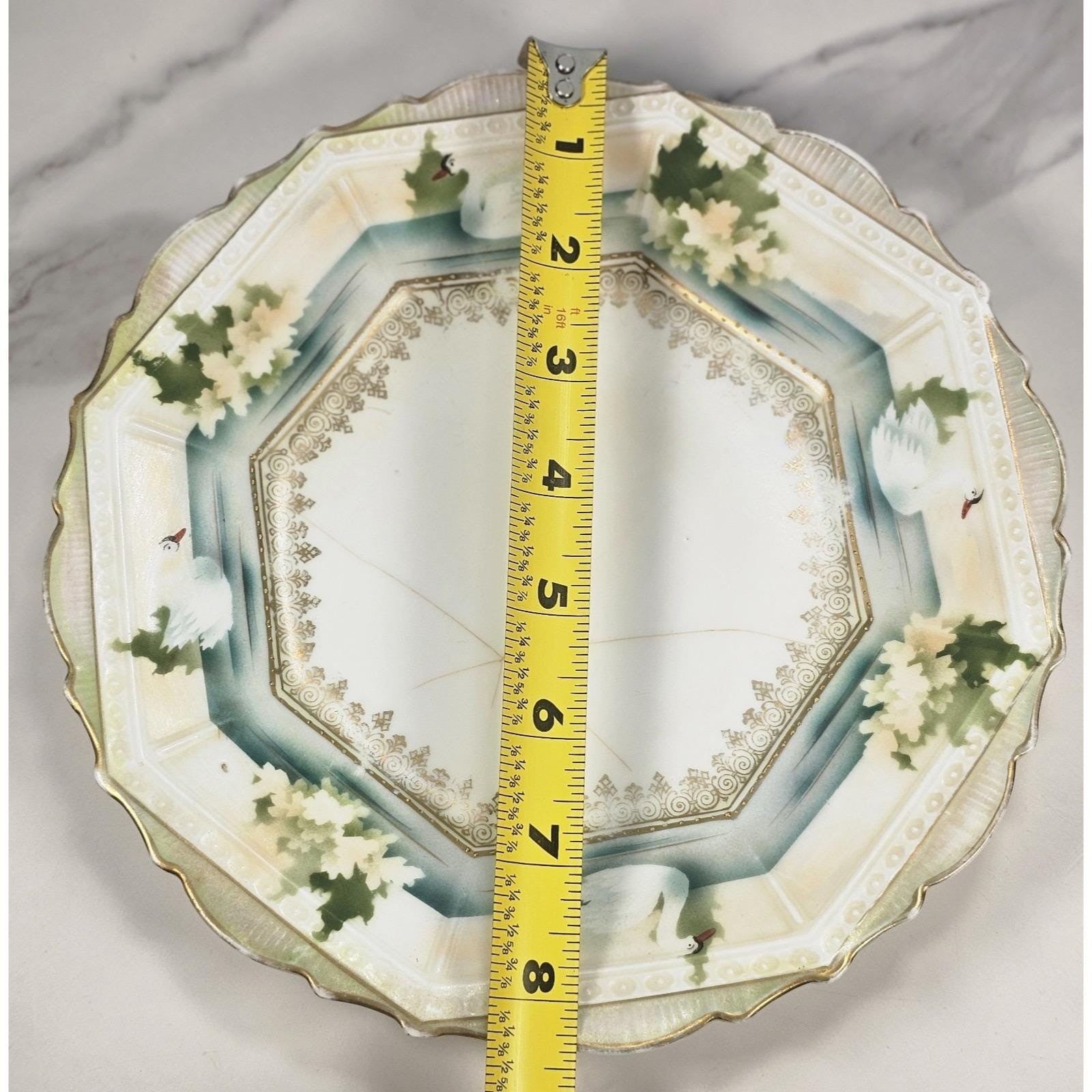 Vintage RS Prussia Octagonal Plate Hand Painted Swans Floral Germany READ