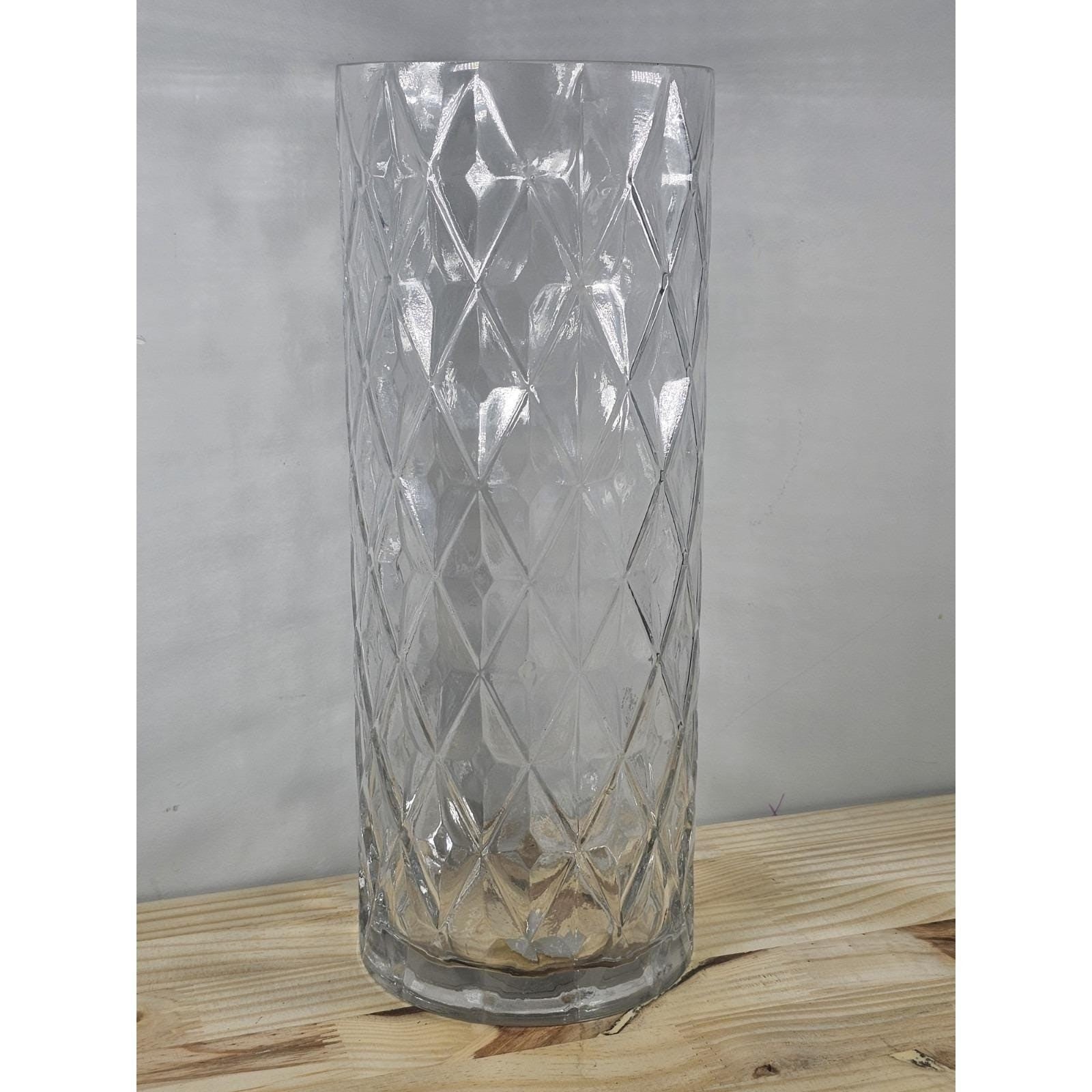 Vintage Diamond Cut Glass Vase 12" Tall Clear Cylinder Floral Vase