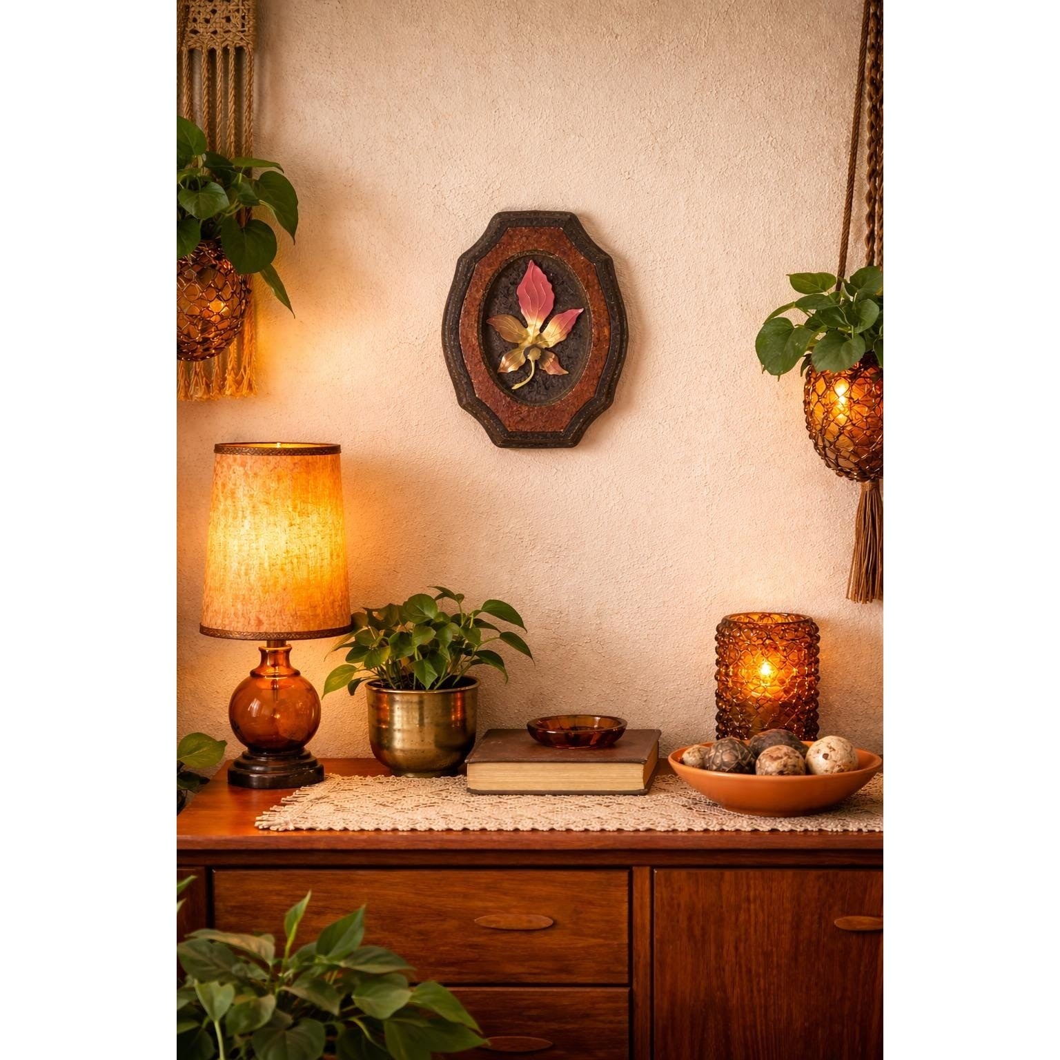 Vintage Copper Leaf Wall Hanging on Cork Backing Rustic Autumn Decor