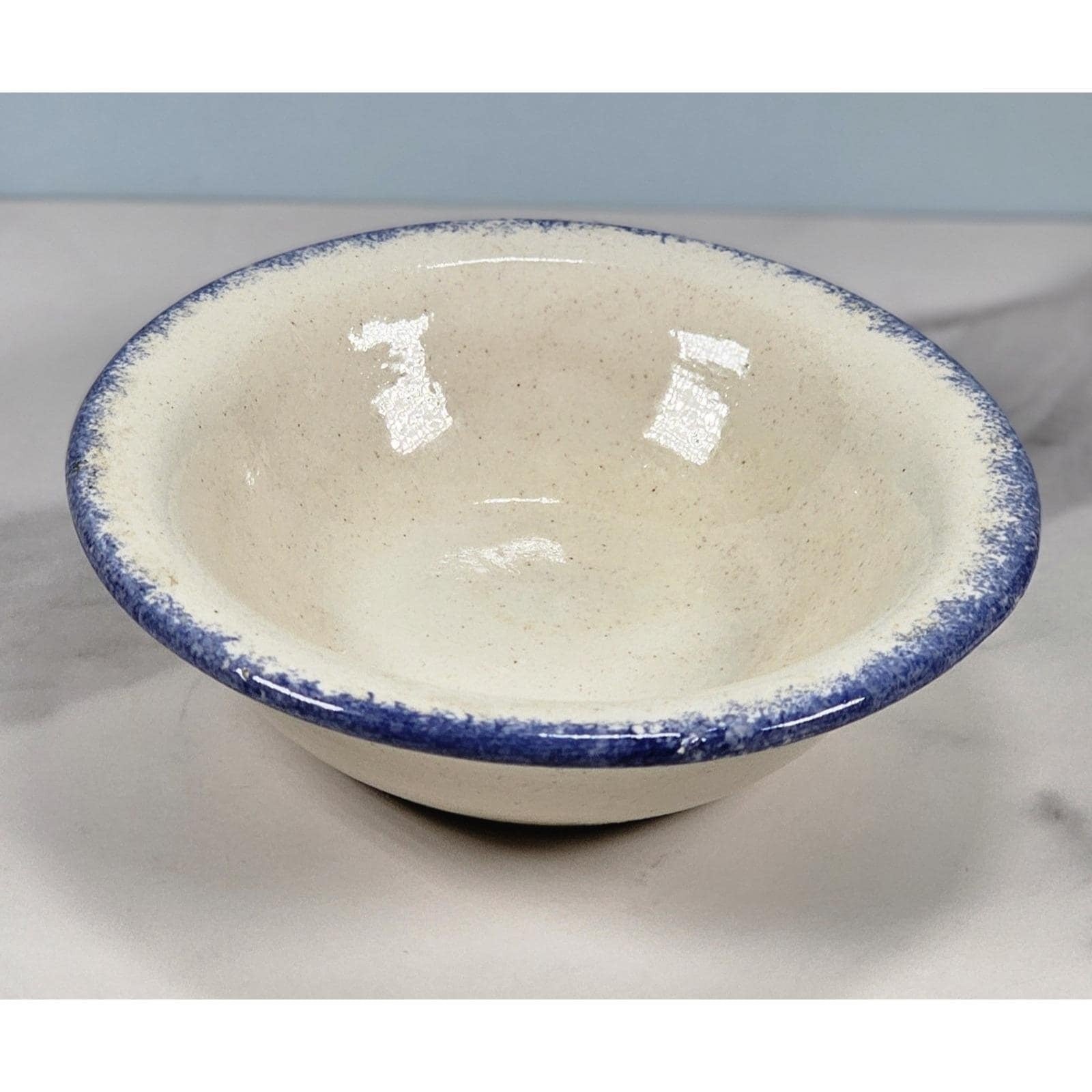 Vintage Hand-Turned Spongeware Bowl Blue Rim 4.5 Inch Rustic Pottery