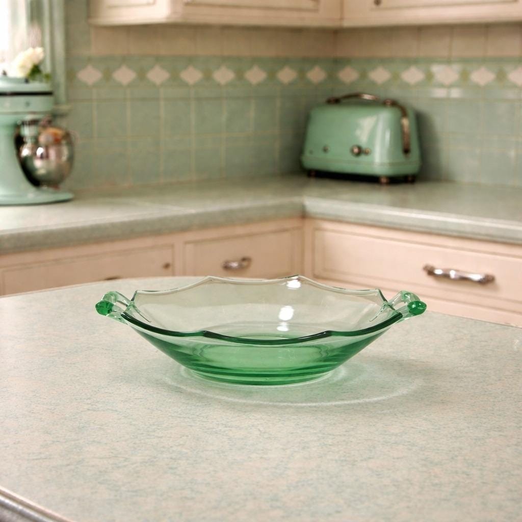 Green Glass Candy Dish Handled Vintage Serving Bowl