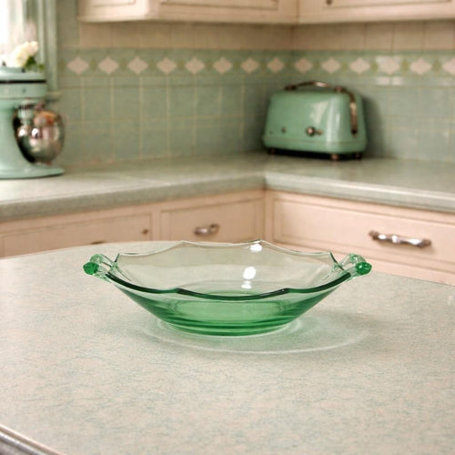 Green Glass Candy Dish Handled Vintage Serving Bowl