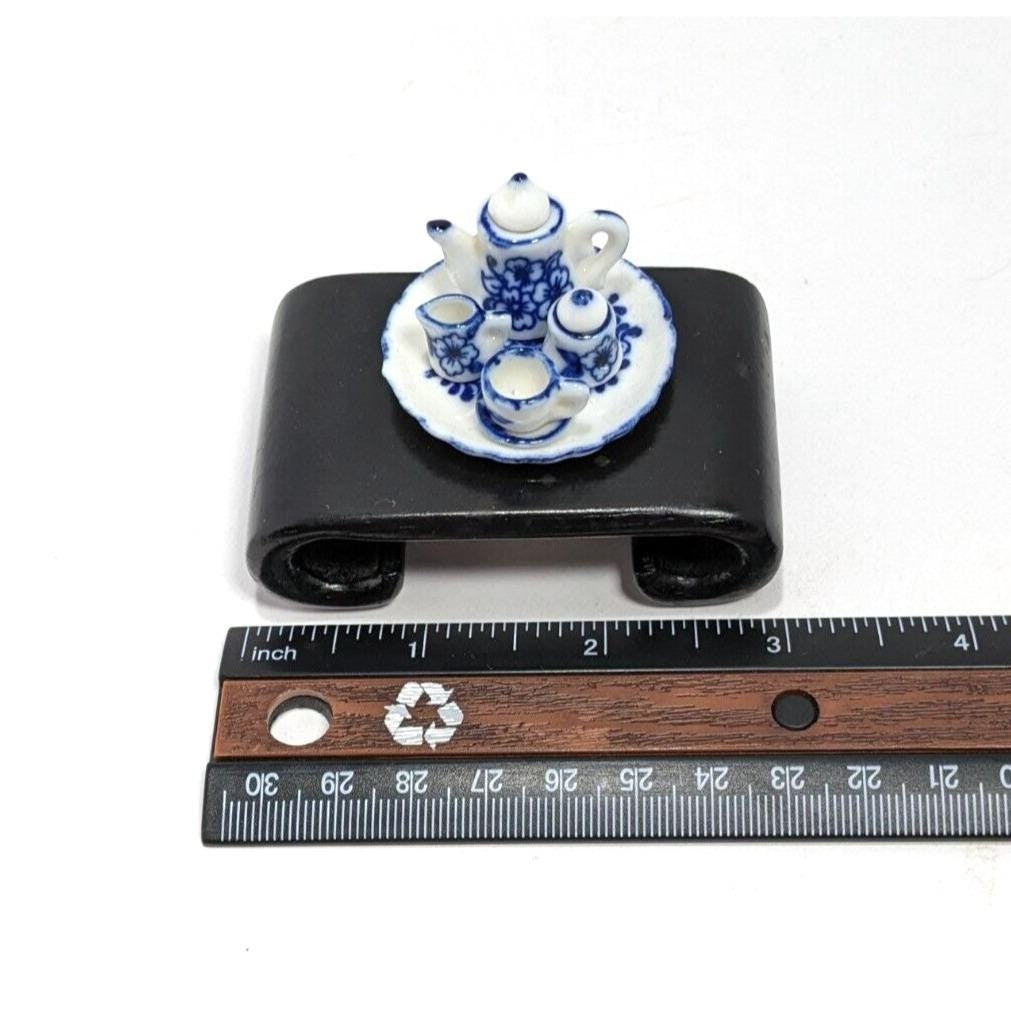 Dollhouse Miniature Coffee Set Blue White Ceramic 1:12 with Stand