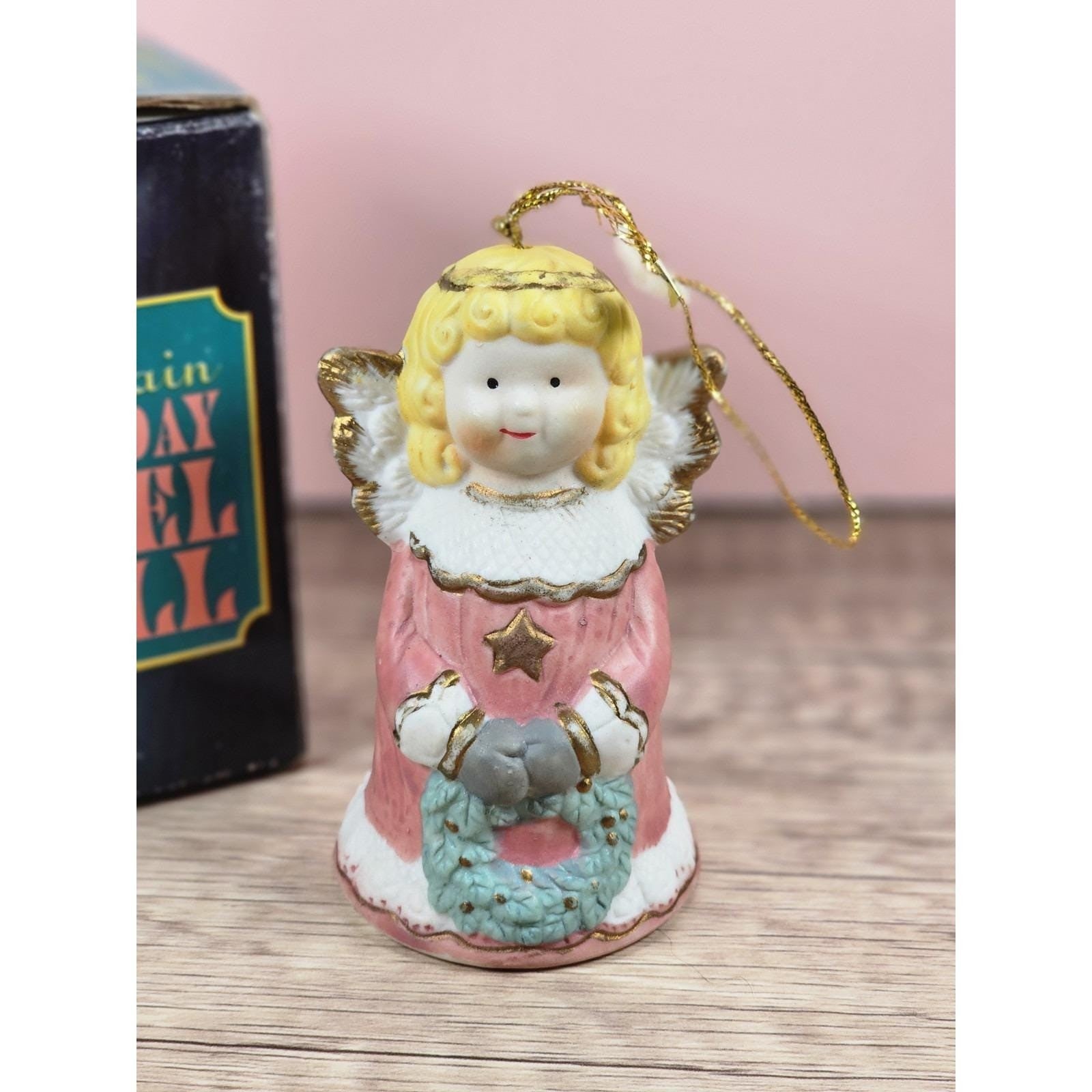 Vintage 1995 Pink Angel Bell Ornament Ceramic Christmas Decor with Box