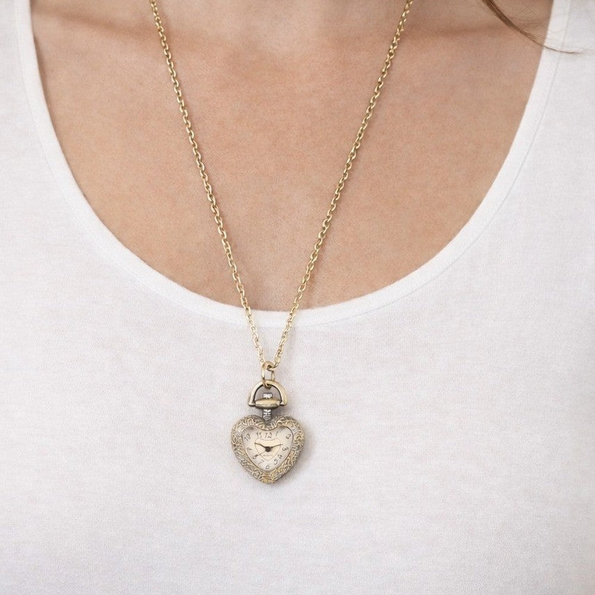 Vintage Heart Pocket Watch Necklace, Quartz Pendant, Gold Tone Chain