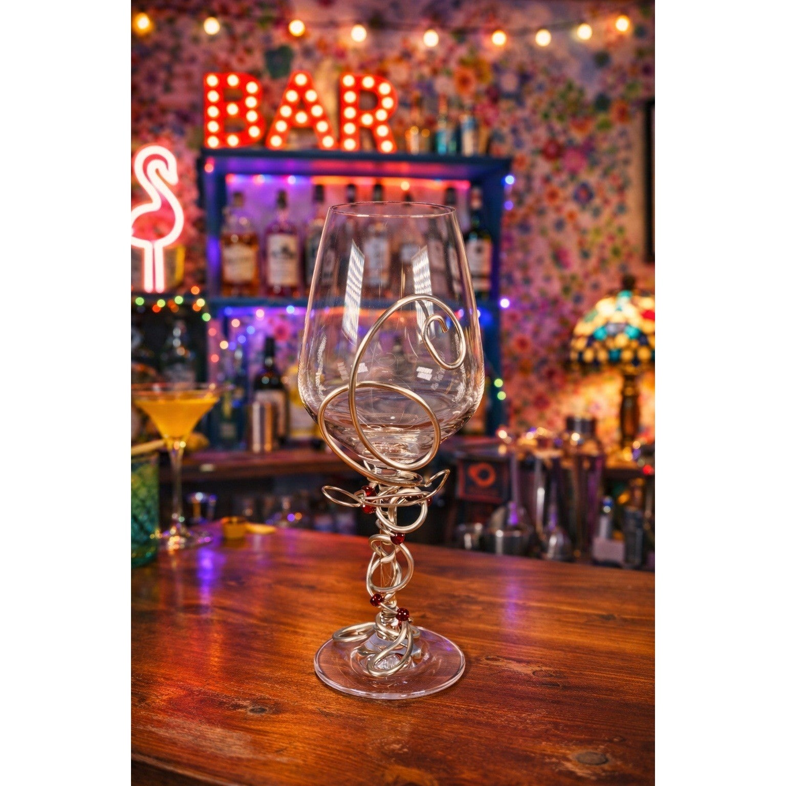 Handcrafted Crystal Wine Glass with Silver Wire & Red Beads Vintage Decor