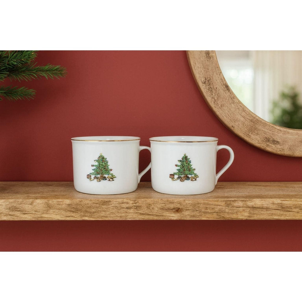 Vintage Tienshan Christmas Tree Mugs Set of 2 Porcelain Holiday Cups