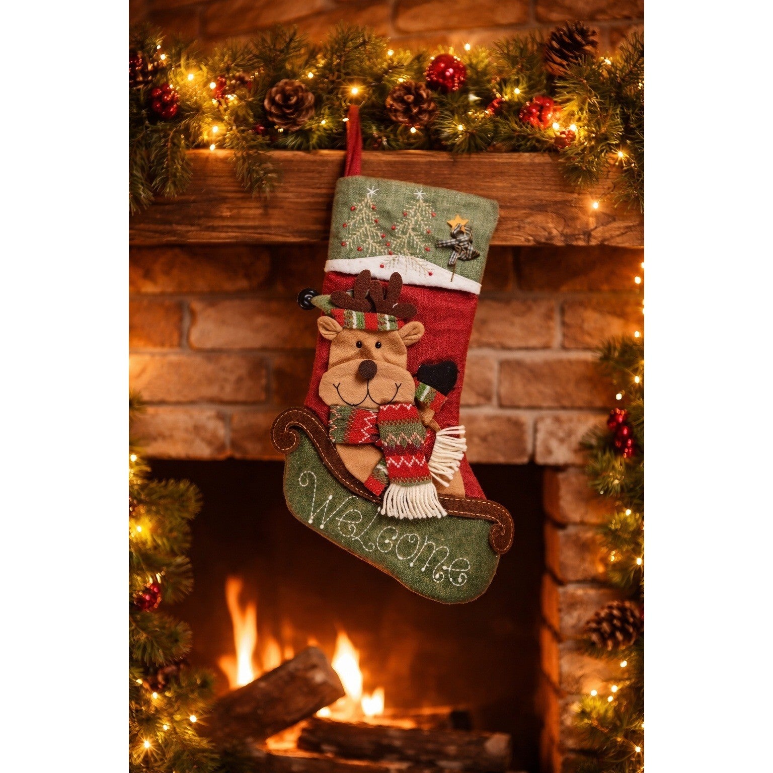 Vintage Christmas Stocking Reindeer Sleigh Red Green Holiday Decor 18"