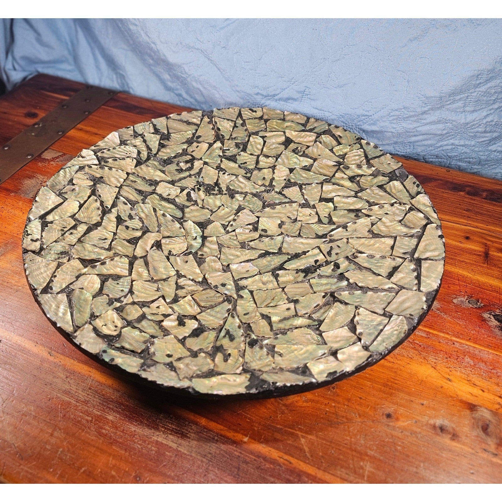 Vintage Abalone Shell Mosaic Tray or Wall Decor Round 18 Inch Coastal