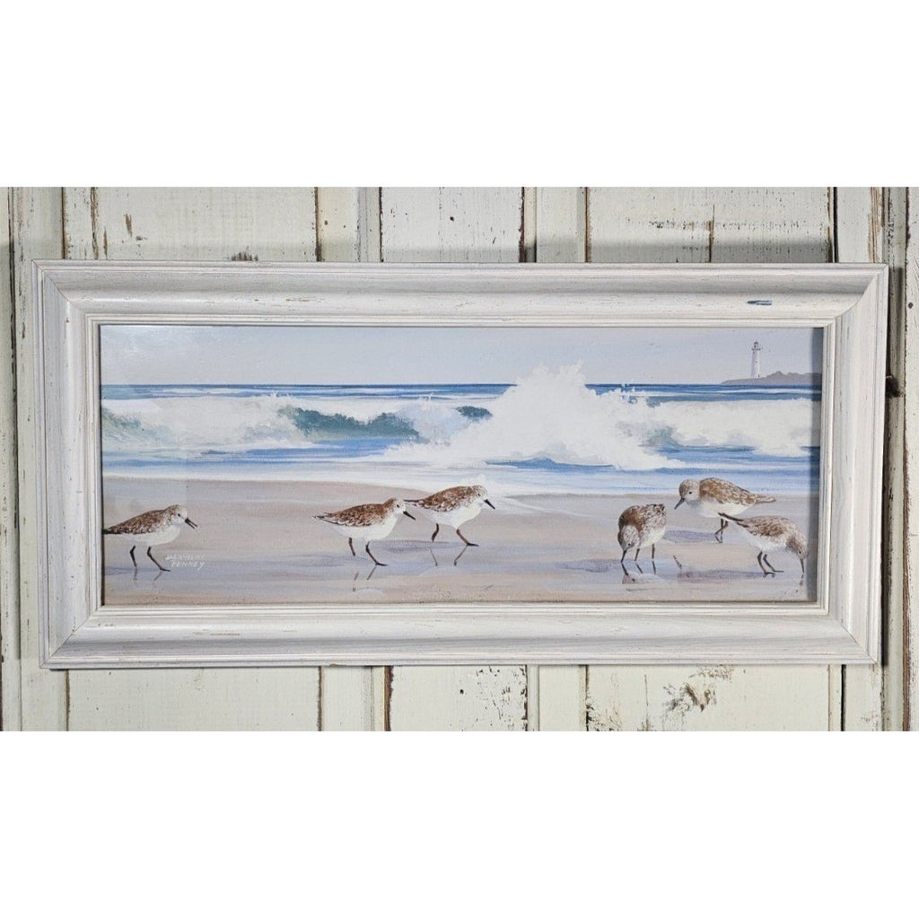 Signed Coastal Shorebirds Artwork With Lighthouse Framed Nautical Wall Art