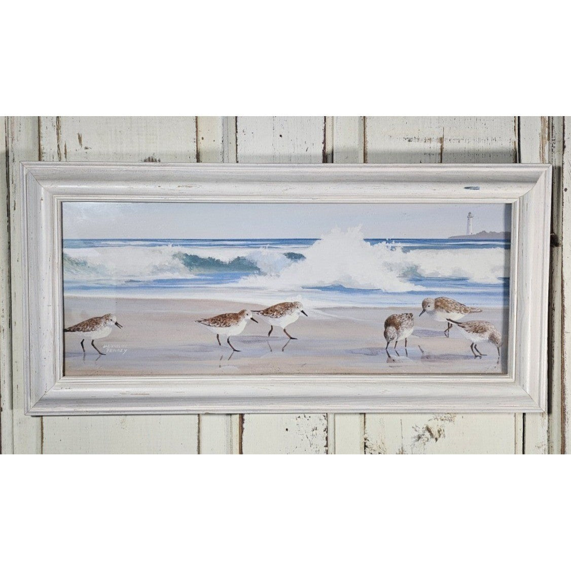 Signed Coastal Shorebirds Artwork With Lighthouse Framed Nautical Wall Art