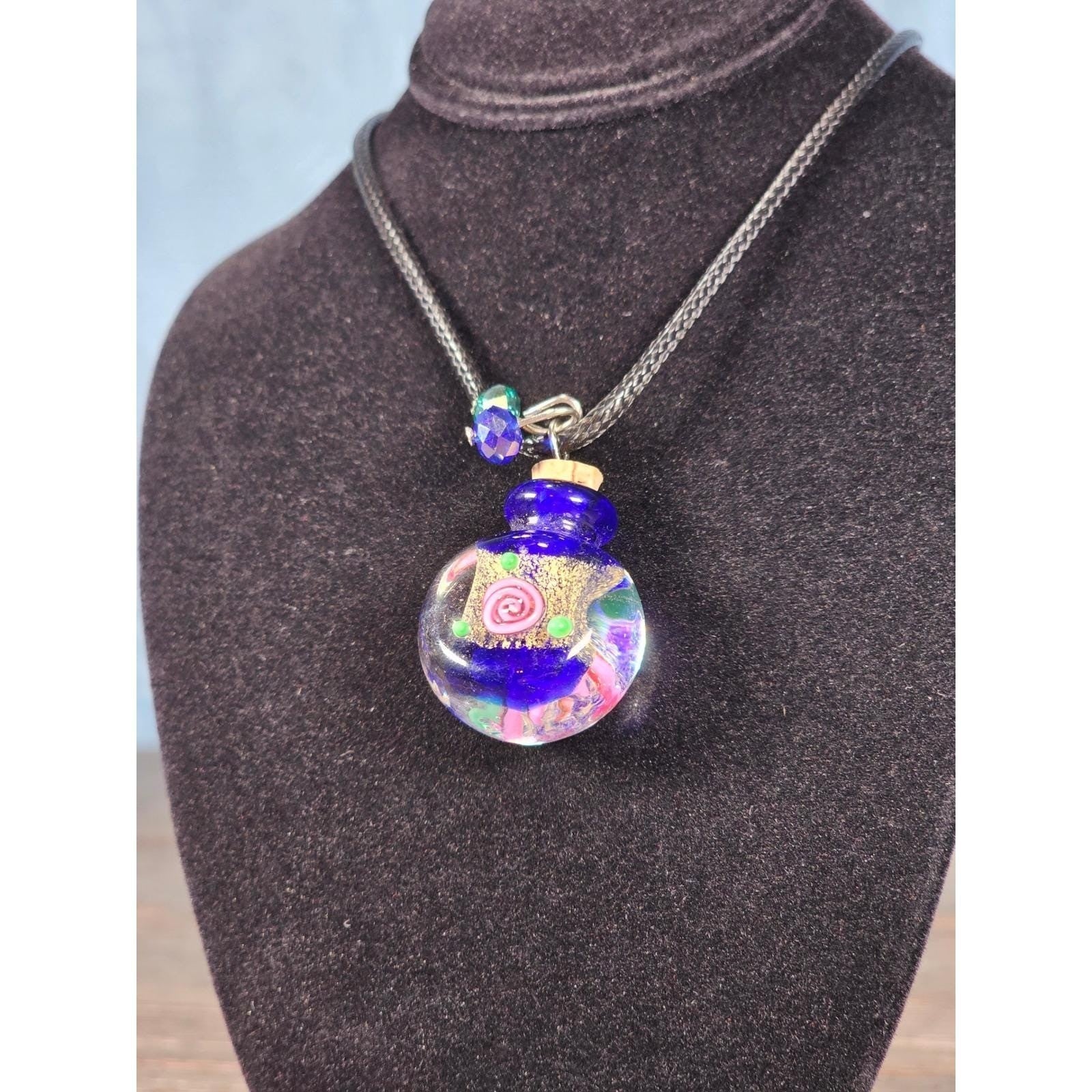 Vintage Glass Potion Bottle Necklace with Cork Stopper on Black Cord