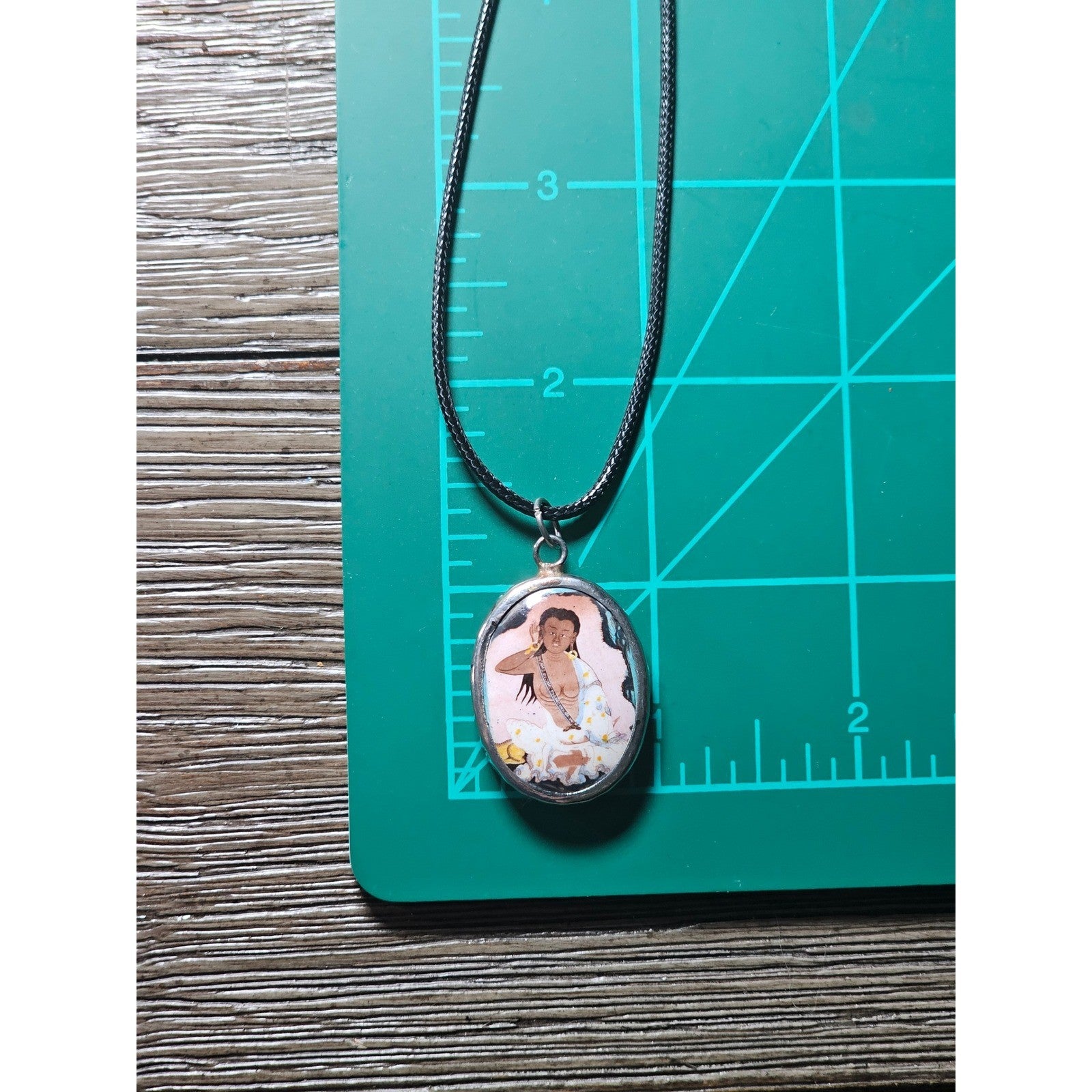 Vintage Oval Art Pendant Necklace Silver Tone on Black Cord