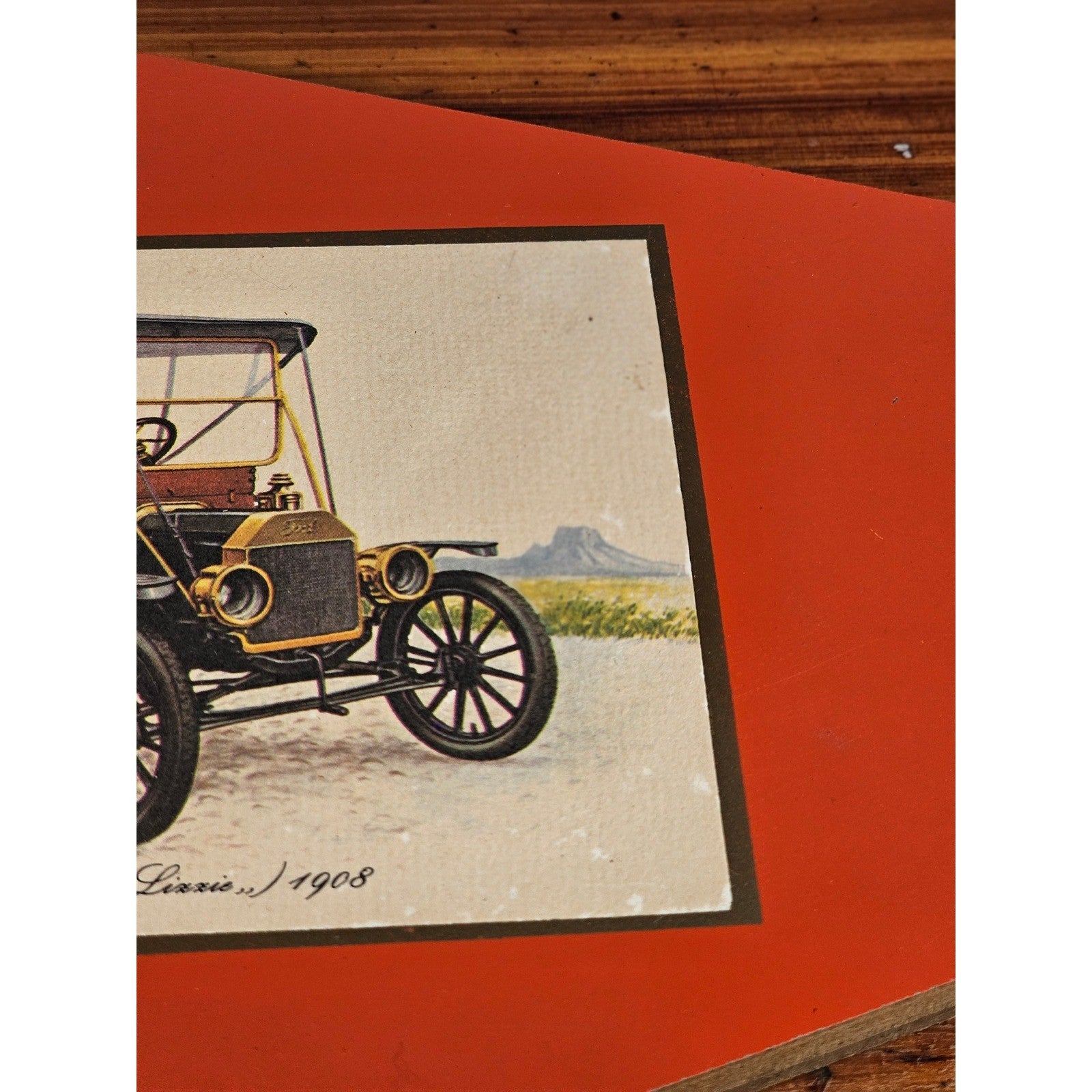 Vintage Ford Model T 1908 Print Mounted on Red Board, 11.5 x 8