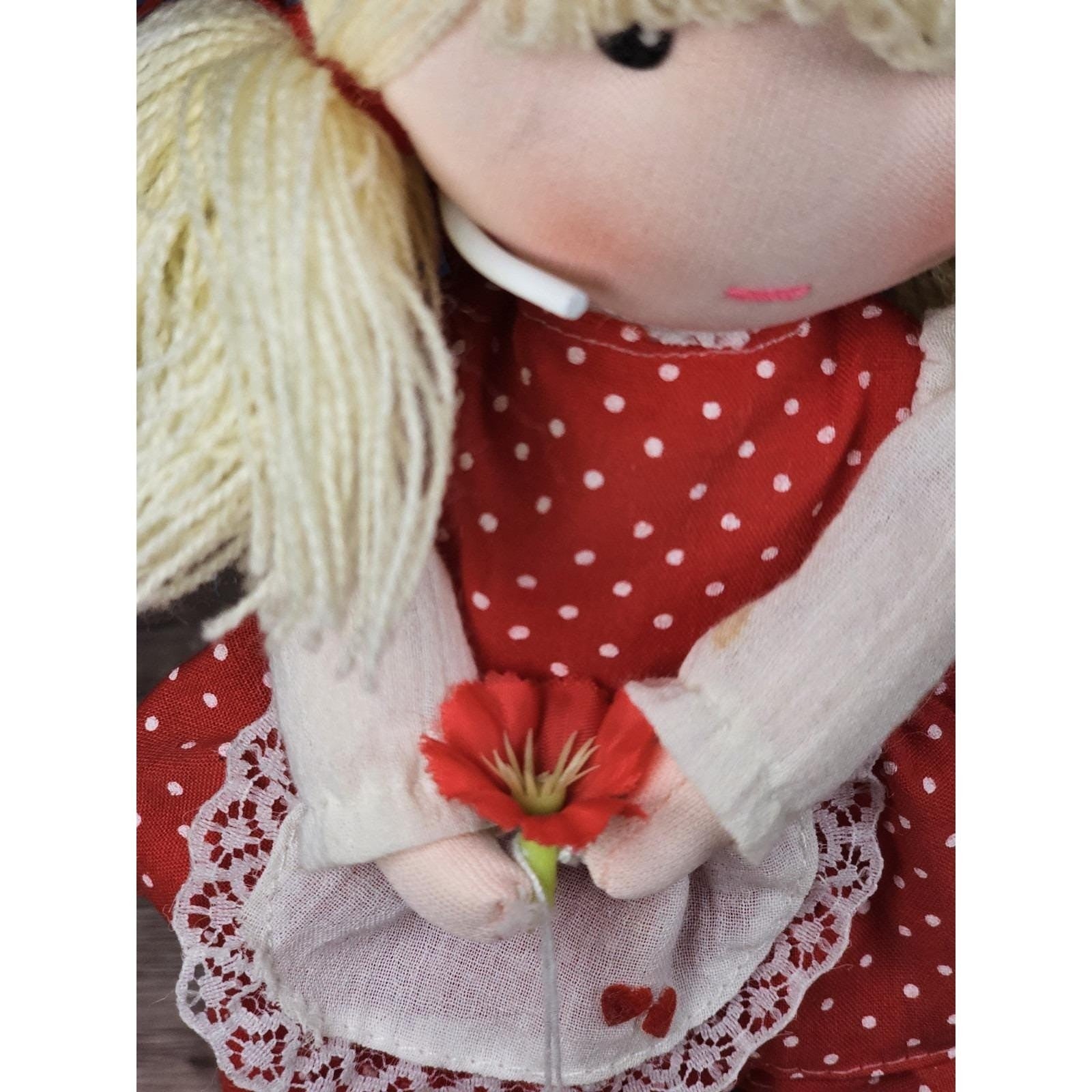 Vintage Rag Doll Red Polka Dot Dress Cloth Doll Heart Tag